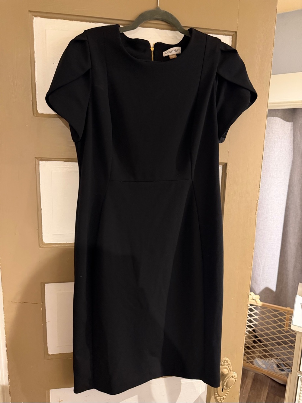 Calvin Klein Black Midi Sheath Dress with Short Sleeves